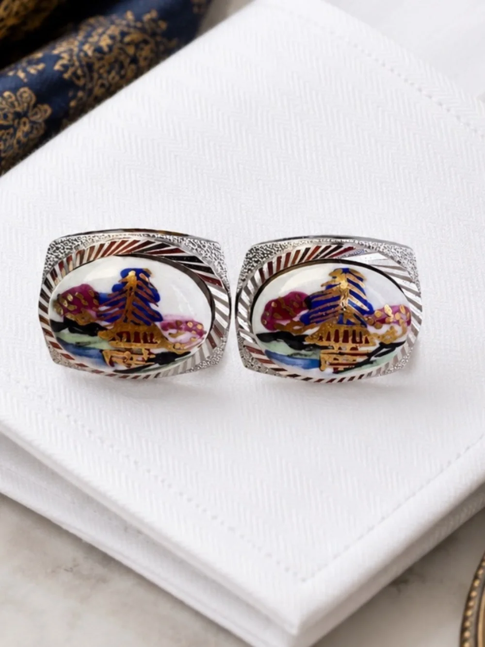 Vintage Japanese Porcelain Cufflinks Hand Painted Pagoda Silver Tone Formal Wear